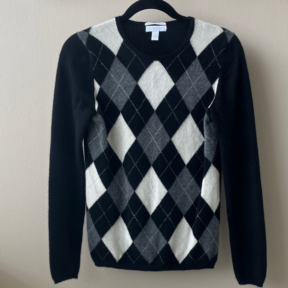 Charter Club Preppy Black/White/Gray Argyle Crewneck- Size Small